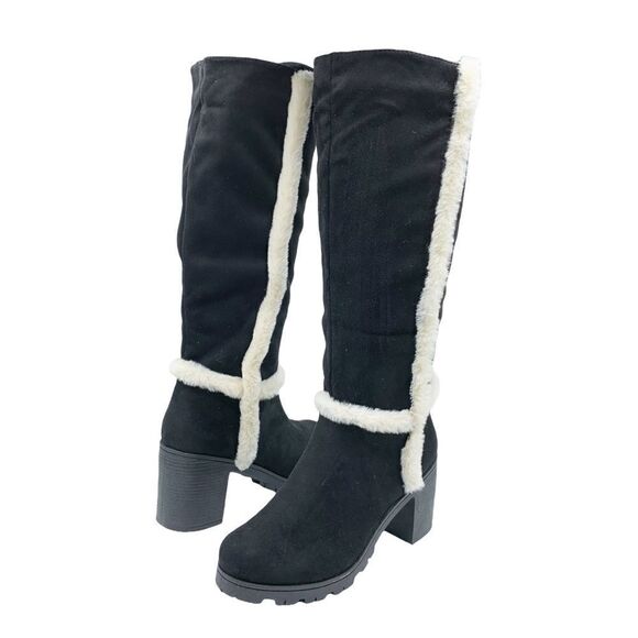 Weeboo‎ Black Faux Suede Allie-1 Chunky Heel Boot w/Fur Trim - Picture 3 of 15